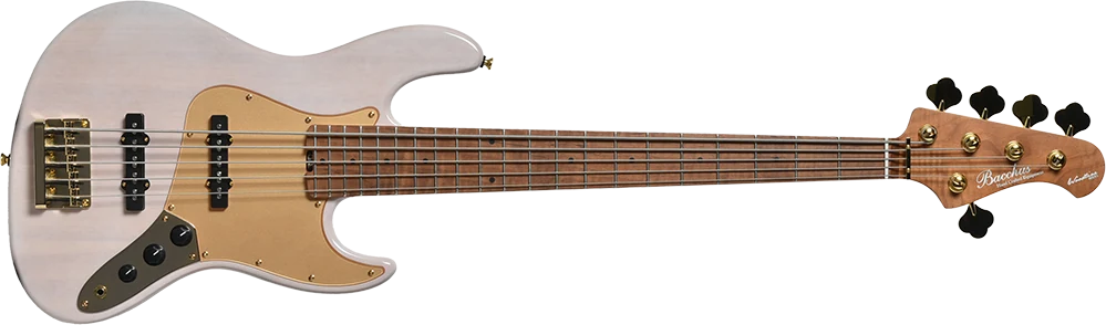 Bacchus 5-saitiger E-Bass in hellem Finish mit goldenem Schlagbrett